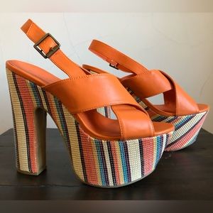 C Label women’s 9- 6 1/2” platform orange sandals with multicolored platform